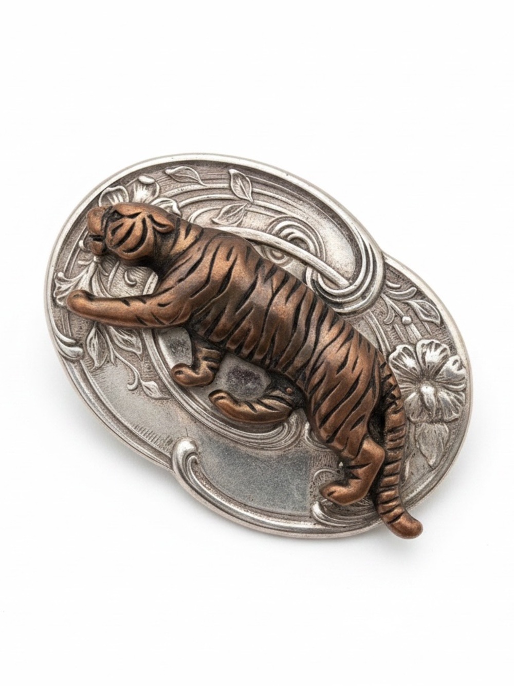 RARE Vintage Mixed Metal Tiger Statement Pendant Art Nouveau Oval Auburn GameDay - Picture 5 of 13
